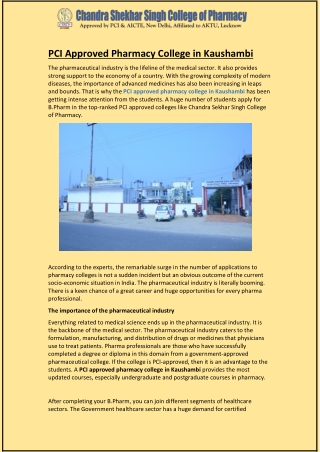 PCI approved pharmacy college in Kaushambi