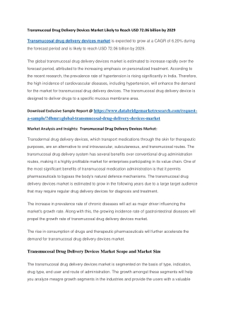 Transmucosal Drug Delivery Devices Market Likely to Reach USD 72.06 billion by 2029