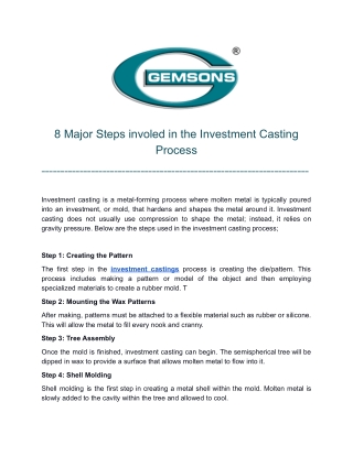 8 Major Steps involed in the Investment Casting Process