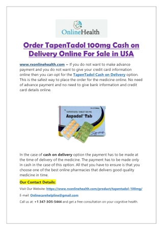 TapenTadol Online for sale | Buy TapenTadol 100mg Cash on Delivery