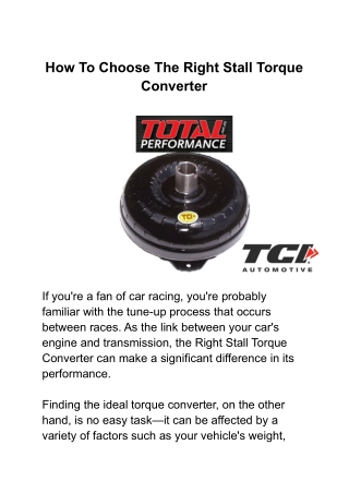 How To Choose The Right Stall Torque Converter