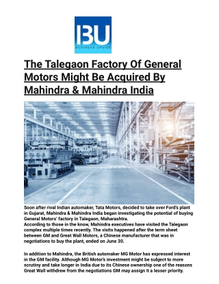 The Talegaon Factory Of General Motors Might Be Acquired By Mahindra & Mahindra India