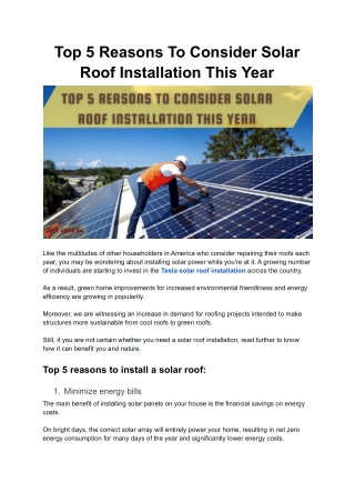 Top 5 Reasons To Consider Solar Roof Installation This Year