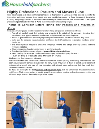 Highly Professional Packers and Movers Pune