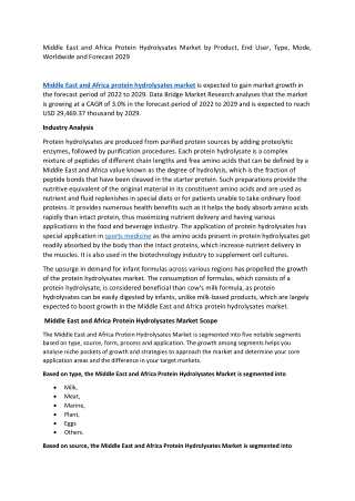 Middle East and Africa Protein Hydrolysates Market - Opportunities 2029