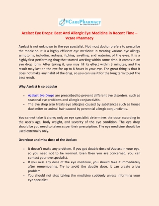 Azelast Eye Drops Best Anti Allergic Eye Medicine in Recent Time – Vcare Pharmacy
