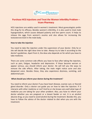 Purchase HCG Injections and Treat the Women Infertility Problem – Vcare Pharmacy