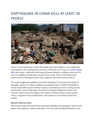 EARTHQUAKE IN CHINA KILLS AT LEAST 30 PEOPLE