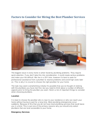 Factors to Consider for Hiring the Best Plumber Services