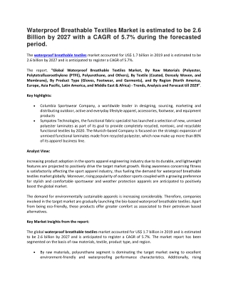 Waterproof Breathable Textiles Market