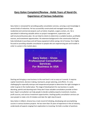 Gary Golon Complaint - Holds Years of Hand-On Experience of Various Industries