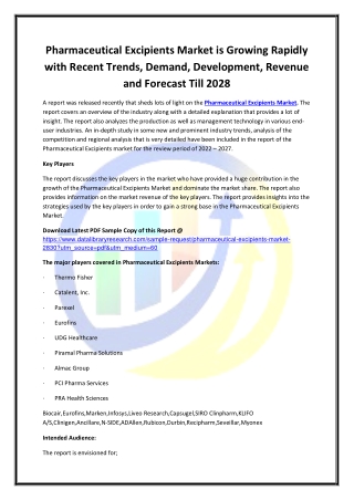 Global Pharmaceutical Excipients Market Opportunities and Forecast 2020-2027