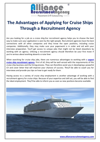 The Advantages of Applying for Cruise Ships Through a Recruitment Agency