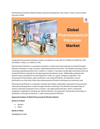 Pharmaceutical Filtration Market 2022 Key Players Data and Industry Analysis
