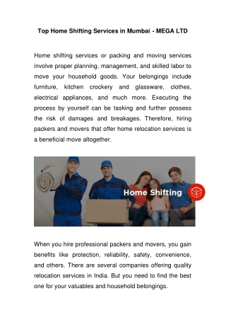 Top home shifting services in mumbai - MEGA LTD