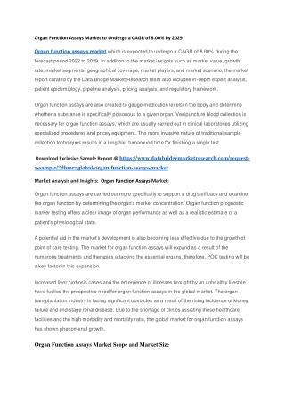 Organ Function Assays Market to Undergo a CAGR of 8.00 by 2029