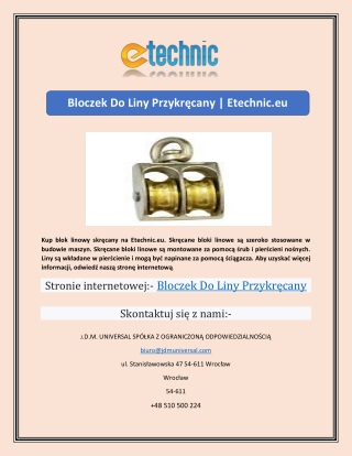 Bloczek Do Liny Przykręcany | Etechnic.eu