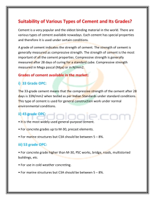 Suitability of Various Types of Cement and Its Grades
