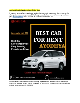 Car Booking in Ayodhya from Chiku Cab