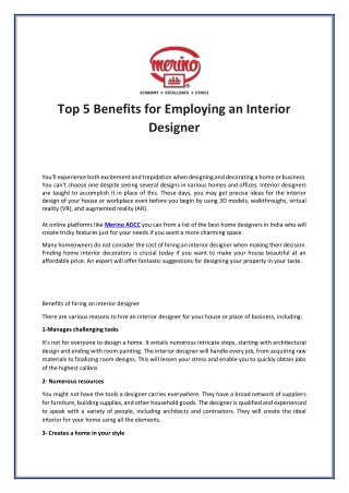 Top 5 Benefits for Employing an Interior Designer