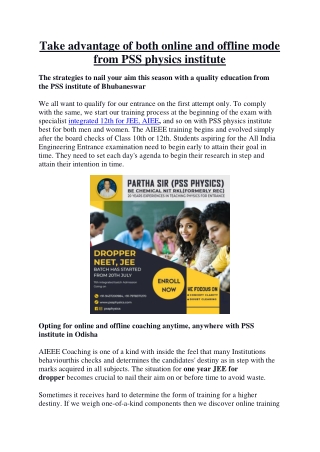 This entrance exam year, take advantage of both online and offline mode from PSS physics institute