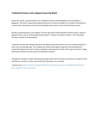 Tradewind Finance Joins Apparel Sourcing Week