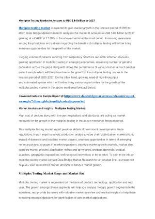 Multiplex Testing Market to Account to USD 5.84 billion by 2027