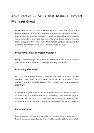 Amir Parekh — Skills That Make a Project Manager Great