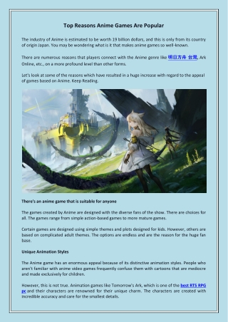 Top Reasons Anime Games Are Popular