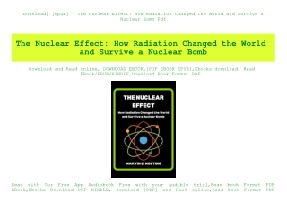 [Download] [epub]^^ The Nuclear Effect How Radiation Changed the World and Survive a Nuclear Bomb Pdf