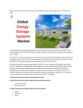 Energy Storage Systems Market Key Drivers & On-Going Trends 2022 to 2030