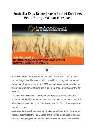 Australia Eyes Record Farm Export Earnings From Bumper Wheat Harvests