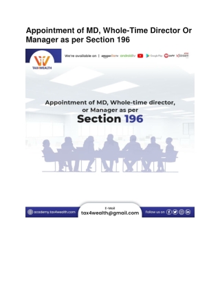 Appointment of MD, Whole-Time Director Or Manager as per Section 196