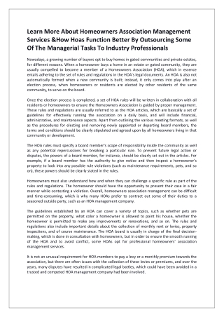 Learn More About Homeowners Association Management Services &How Hoas Function Better By Outsourcing Some Of The Manager