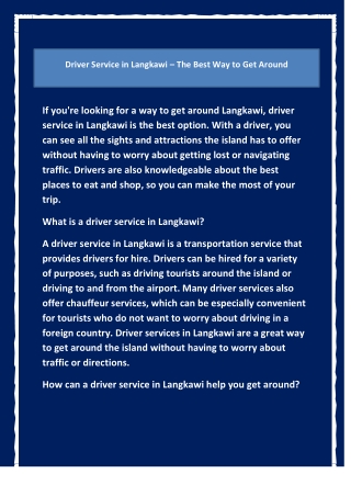 Driver Service in Langkawi – The Best Way to Get Around