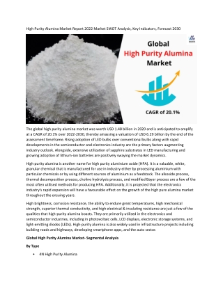 High Purity Alumina Market Recent Trends, In-depth Analysis, Size