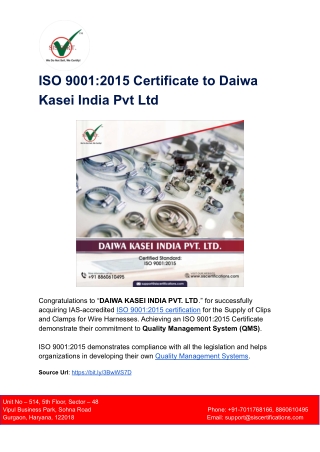 ISO 9001_2015 Certificate to Daiwa Kasei India Pvt Ltd