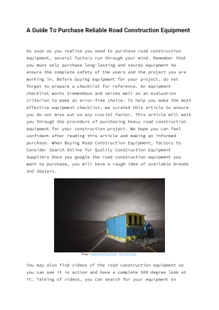 A Guide To Purchase Reliable Road Construction Equipment