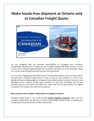 Make hassle-free shipment at Ontario only at Canadian Freight Quote.