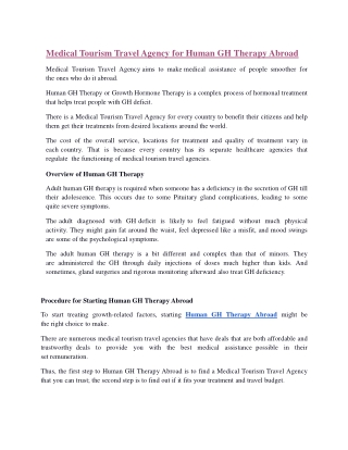 Medical Tourism Travel Agency for Human GH Therapy Abroad