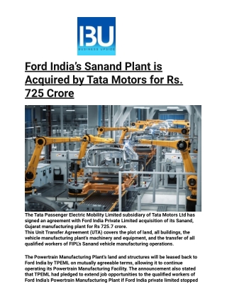 Ford India’s Sanand Plant is Acquired by Tata Motors for Rs. 725 Crore