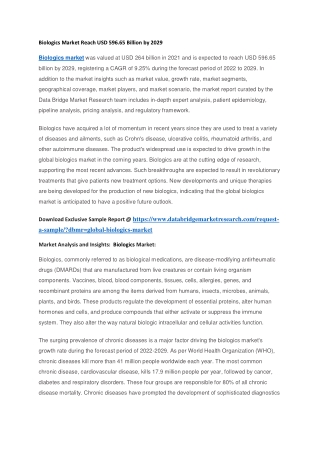 Biologics Market Reach USD 596.65 Billion by 2029