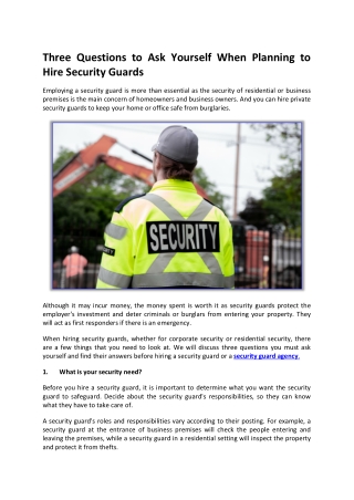 Three Questions to Ask Yourself When Planning to Hire Security Guards