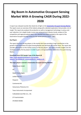 Global Automotive Occupant Sensing Market Opportunities and Forecast 2020-2027