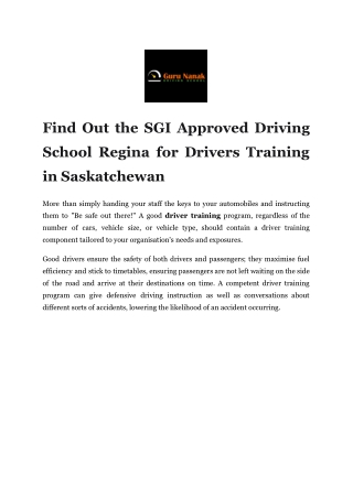 Find Out the SGI Approved Driving School Regina for Drivers Training in Saskatchewan
