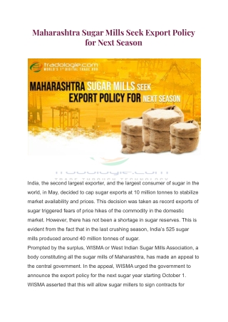 Maharashtra Sugar Mills Seek Export Policy for Next Season