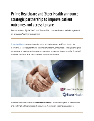 Prime Healthcare and Steer Health announce strategic partnership to improve patient outcomes and access to care