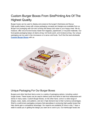 Custom Burger Boxes From SirePrinting Are Of The Highest Quality