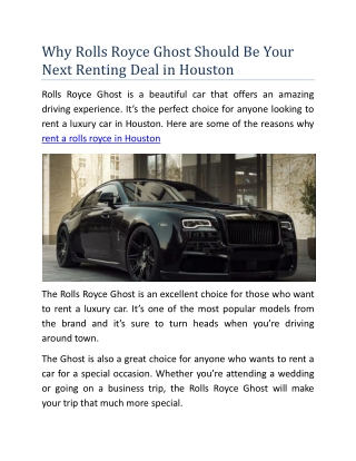 Why Rolls Royce Ghost Should Be Your Next Renting Deal in Houston