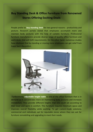 Buy Standing Desk & Office Furniture from Renowned Stores Offering Exciting Deal